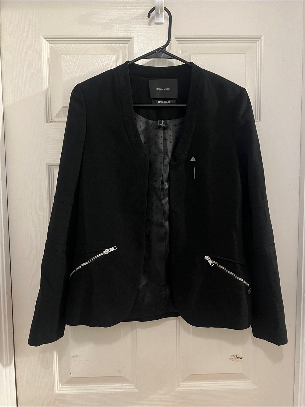 Maison Scotch Black Zip-Pocket Open Front Blazer Jacket, sz 1
